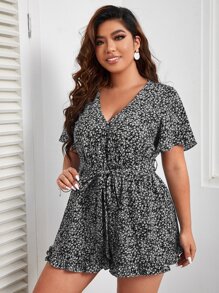 SHEIN VCAY Plus Ditsy Floral Print Butterfly Sleeve Belted Romper - Multicolor - View 4