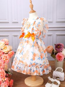 Toddler Girls Allover Floral Print Ruffle Trim Bow Front Dress - Yellow - View 6