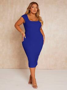 SHEIN SXY 大碼素色方領緊身洋裝 - 寶藍色 - 查看 1