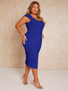 SHEIN SXY 大碼素色方領緊身洋裝 - 寶藍色 - 查看 4