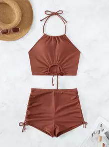 SHEIN Swim 羅紋坦基尼套裝掛脖上衣和側抽繩短褲2入組泳衣