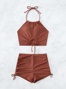 SHEIN Swim 羅紋坦基尼套裝掛脖上衣和側抽繩短褲2入組泳衣