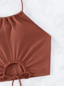 SHEIN Swim 羅紋坦基尼套裝掛脖上衣和側抽繩短褲2入組泳衣