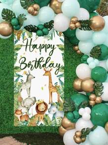 1 件 60*120 厘米丛林动物风格涤纶横幅背景布，印有“生日快乐”，狩猎主题生日派对室内外门装饰用品门帘，派对室墙壁装饰，圣诞节 - 彩色 - 查看 2