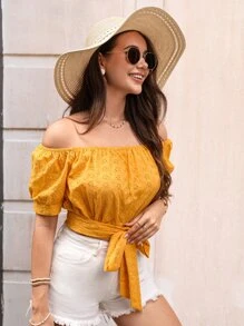 SHEIN VCAY Blusa de hombros descubiertos bajo con nudo schiffy