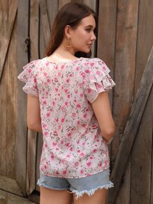SHEIN Clasi Floral Print Butterfly Sleeve Blouse - Pink - View 2