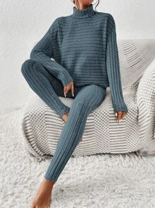 SHEIN Essnce Bộ đồ hai mảnh nữ Gân đan màu trơn Giải trí - Màu xanh bụi bặm - Xem 1