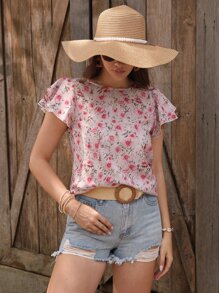 SHEIN Clasi Floral Print Butterfly Sleeve Blouse - Pink - View 3