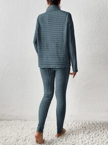 SHEIN Essnce Bộ đồ hai mảnh nữ Gân đan màu trơn Giải trí - Màu xanh bụi bặm - Xem 2