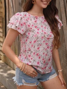 SHEIN Clasi Floral Print Butterfly Sleeve Blouse - Pink - View 6