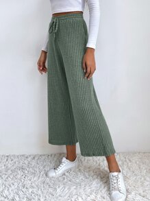 SHEIN EZwear Pantalones de pierna ancha de cintura con cordón tejido de canalé - Verde militar - Ver 1