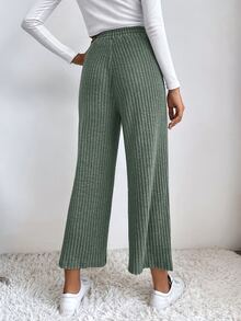 SHEIN EZwear Pantalones de pierna ancha de cintura con cordón tejido de canalé - Verde militar - Ver 2