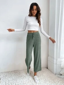 SHEIN EZwear Pantalones de pierna ancha de cintura con cordón tejido de canalé - Verde militar - Ver 3