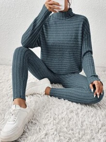 SHEIN Essnce Bộ đồ hai mảnh nữ Gân đan màu trơn Giải trí - Màu xanh bụi bặm - Xem 5