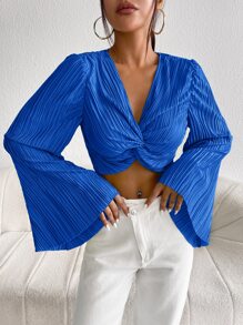 SHEIN Privé 前扭結喇叭袖短款上衣 - 寶藍色 - 查看 1