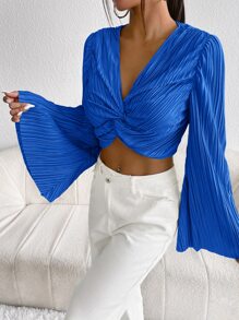 SHEIN Privé 前扭結喇叭袖短款上衣 - 寶藍色 - 查看 4