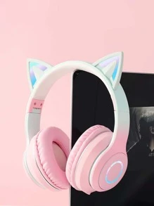 無綫耳機，5.2 立體聲耳罩式耳機，USB-c 端口，LED 燈，貓耳設計，高保真音質，價格實惠，送給女孩理想禮物，適合在線課程 - 粉色 - 查看 1