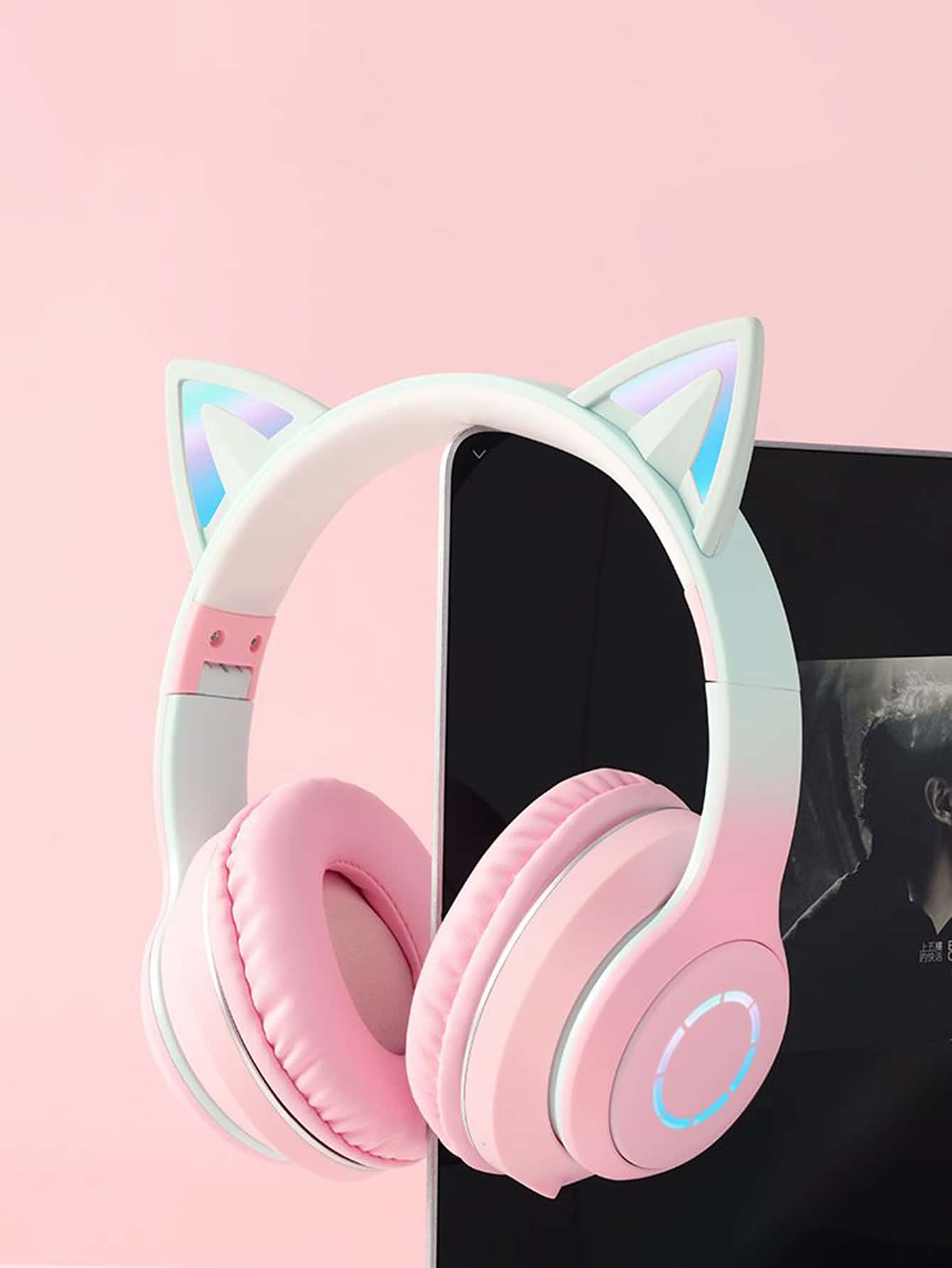 無綫耳機，5.2 立體聲耳罩式耳機，USB-c 端口，LED 燈，貓耳設計，高保真音質，價格實惠，送給女孩理想禮物，適合在線課程 - 粉色 - 查看 1