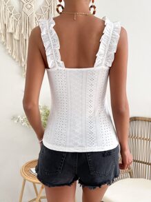 SHEIN VCAY Eyelet Embroidery Ruffle Trim Wide Straps Top - White - View 2