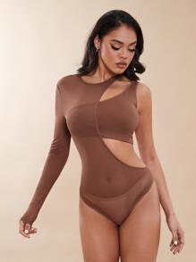 SHEIN BAE Solid Cut Out Bodysuit - Coffee Brown - View 2
