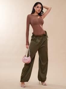 SHEIN BAE Solid Cut Out Bodysuit - Coffee Brown - View 4