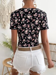 SHEIN VCAY Áo thun nữ Thắt nơ trước Hoa Tất cả trên in Giải trí - Nhiều màu - Xem 2