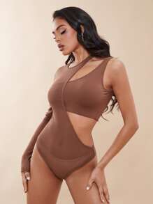 SHEIN BAE Solid Cut Out Bodysuit - Coffee Brown - View 6