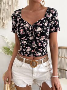 SHEIN VCAY Áo thun nữ Thắt nơ trước Hoa Tất cả trên in Giải trí - Nhiều màu - Xem 3