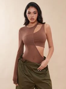 SHEIN BAE Solid Cut Out Bodysuit - Coffee Brown - View 1