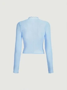 SHEIN MOD 藍色緊身短袖上衣，圓領，蕾絲邊網眼上衣