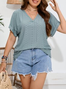 SHEIN LUNE 大碼網眼刺繡蝙蝠袖T恤 - 青碧色 - 查看 1