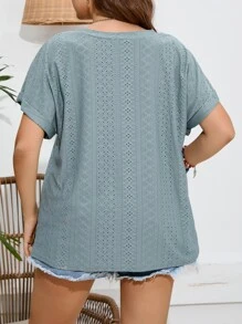 SHEIN LUNE 大碼網眼刺繡蝙蝠袖T恤 - 青碧色 - 查看 2