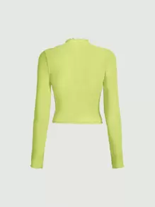 SHEIN MOD Mock Neck Lettuce Trim Tight Stretch Semi-Perspective Mesh Green Top
