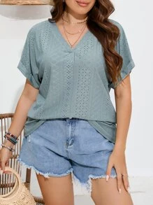 SHEIN LUNE 大碼網眼刺繡蝙蝠袖T恤 - 青碧色 - 查看 3