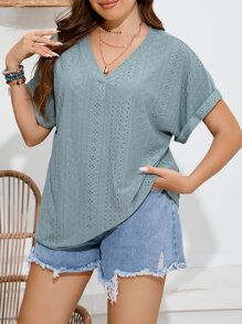 SHEIN LUNE 大碼網眼刺繡蝙蝠袖T恤 - 青碧色 - 查看 4