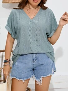 SHEIN LUNE 大碼網眼刺繡蝙蝠袖T恤 - 青碧色 - 查看 5