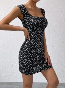 Muchica 碎花前打結胸部褶皺緊身連衣裙 - 黑色 - 查看 6