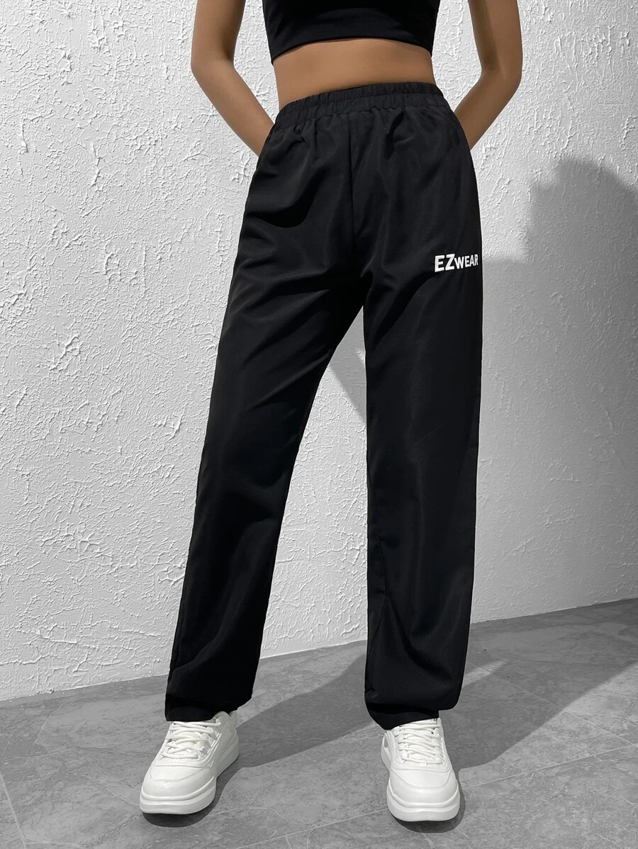 SHEIN EZwear 字母圖案彈性腰帶長褲 - 黑色 - 查看 1