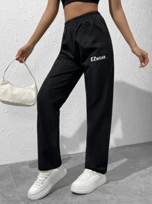 SHEIN EZwear 字母圖案彈性腰帶長褲 - 黑色 - 查看 3