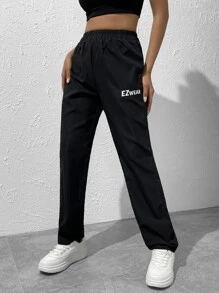 SHEIN EZwear 字母圖案彈性腰帶長褲 - 黑色 - 查看 4
