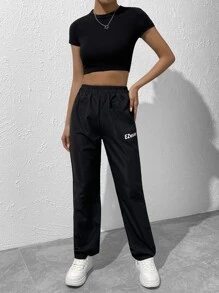 SHEIN EZwear 字母圖案彈性腰帶長褲 - 黑色 - 查看 6