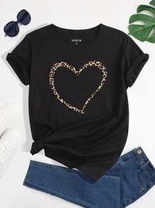 SHEIN LUNE 心和豹紋印花T恤 - 黑色 - 查看 1