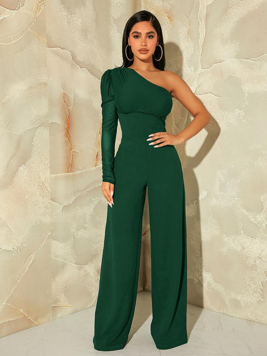 SHEIN SXY One Shoulder Gigot Sleeve Wide Leg Jumpsuit - Dark Green - View 1