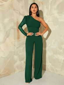 SHEIN SXY One Shoulder Gigot Sleeve Wide Leg Jumpsuit - Dark Green - View 4