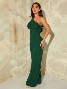 SHEIN SXY One Shoulder Gigot Sleeve Wide Leg Jumpsuit - Dark Green - View 6