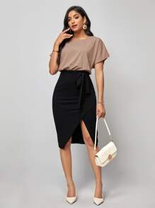 SHEIN Clasi Vestido bajo cruzado unicolor de manga murciélago con cinturón - Multicolor - Ver 5