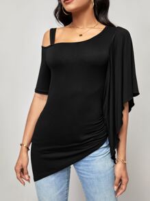 SHEIN Clasi Solid Asymmetrical Neck Ruched Hem Tee - Black - View 1