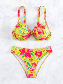 SHEIN Swim 花卉印花鋼圈比基尼套裝，夏日沙灘必備 - 彩色 - 查看 4