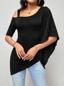 SHEIN Clasi Solid Asymmetrical Neck Ruched Hem Tee - Black - View 4