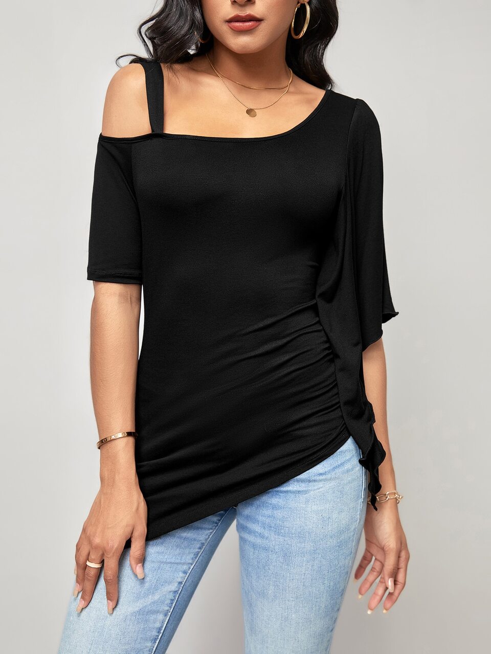Solid Asymmetrical Neck Ruched Hem Tee